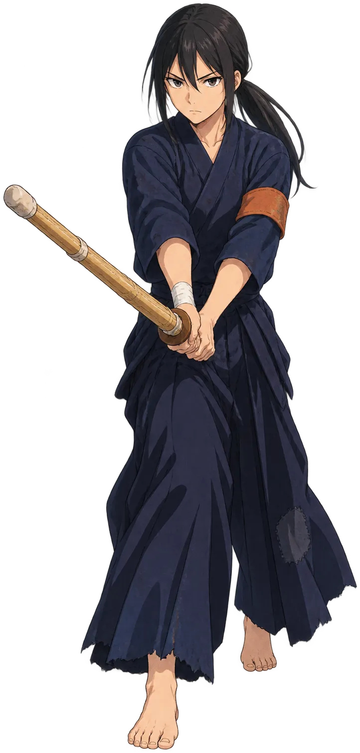 Hana Okabe, kapten kendo, maju dengan shinai bambu terarah ke kubu lawan
