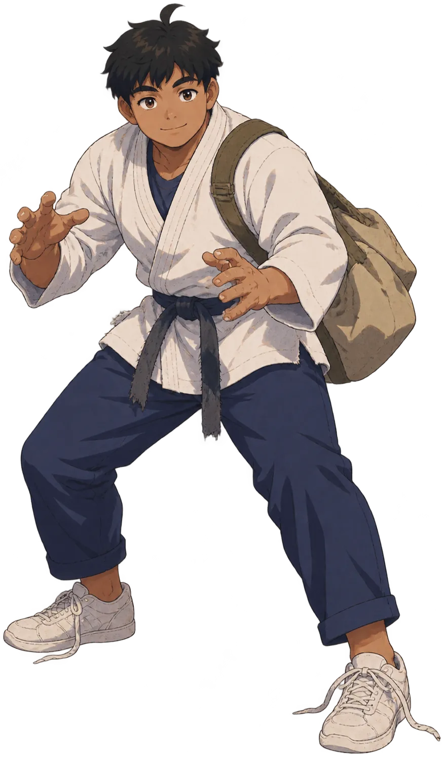 Rafi Mahendra dari klub judo merendah dengan dua tangan siap mencengkeram